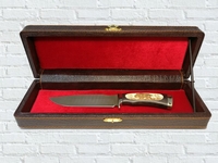 Нож "Ягуар" в шкатулке (ст.дамасск., мельхиор литьё, экскл. дерево, костяная плашка)