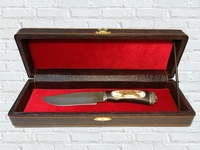 Нож "Пума" в шкатулке (ст.дамасск., мельхиор литьё, экскл. дерево, костяная плашка)