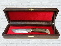 Нож "Орел" в шкатулке  (дам.ст.,кам.век, рукоять резн, экскл. дерев.,литье мельх, навер. мел)